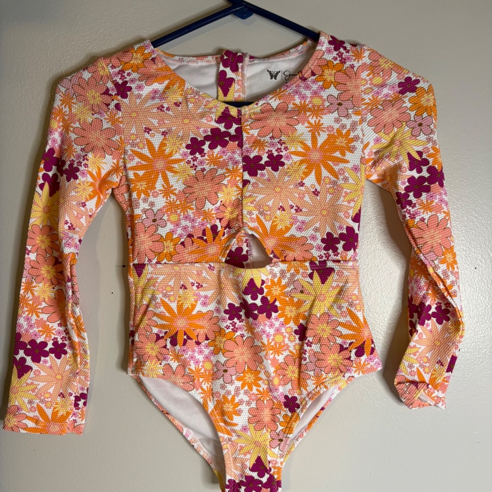 Jessica Simpson Girls M 7/8 Long Sleeve Floral One Piece Swimsuit Multi New